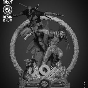 May include: A black and white 3D printed model of Deadpool and Wolverine standing on a base with a 'Wicked' logo. The model is pre-supported and tested for 1/6 scale resin and FDM printing.