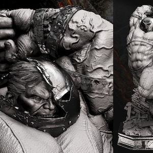 May include: A detailed gray and white 3D printed model of the Marvel Comics character Juggernaut. The model is posed in a dynamic action pose, with the character's helmet partially broken, revealing his face. The model is set on a base with a broken concrete design.