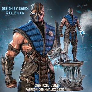 May include: A blue and brown 3D printed figurine of a character from the Mortal Kombat video game series. The character is Sub-Zero, a ninja with a blue and white mask and a blue and white costume. The figurine is standing on a base with a frozen dragon. The image includes the text "DESIGN BY SANIX STL FILES sanix3d.com SANIX3D.COM PATREON.COM/MALIX3DESIGN".