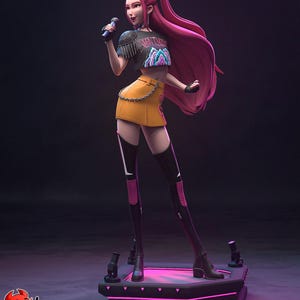May include: A 3D-rendered figurine of a female singer with long pink hair, holding a microphone. She wears a black crop top with text, a yellow skirt, and black boots. The figure stands on a stage with pink neon lights. The base has the text "H3LL CREATOR".