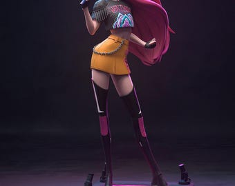May include: A 3D-rendered figurine of a female singer with long pink hair, holding a microphone. She wears a black crop top with text, a yellow skirt, and black boots. The figure stands on a stage with pink neon lights. The base has the text "H3LL CREATOR".