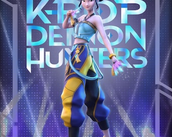 May include: A 3D-printed figurine of a female character from "K-Pop Demon Hunters." She wears a blue and yellow outfit with matching shoes. The figure stands on a circular base with the "Neko Figurines" logo and Patreon information.