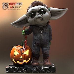May include: A Halloween-themed figurine of a character with large ears and dark sunglasses, dressed in a dark jumpsuit, holding a bloody knife. Beside the figure is a carved orange pumpkin with a glowing face. The base is dark and textured.