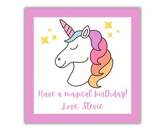 Unicorn Birthday Gift Tag, Square Enclosure Card or Sticker