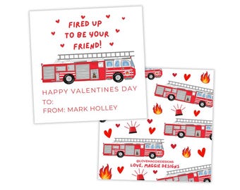Valentines Gift Tag, Valentines Tag, Valentines Card, Kids Valentines, Firetruck Valentines, Fired Up To Be Your Friend