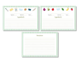 May include: Three printable recipe cards with green and white stripes. The top card has icons for baking ingredients, the middle card has icons for fruits and vegetables, and the bottom card says "Directions".
