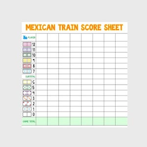 May include: A score sheet for the game Mexican Train. The sheet has a grid of boxes for tracking scores, with the title "MEXICAN TRAIN SCORE SHEET" in orange. It includes sections for players, subtotal, and game total, with numbers and colored dots.