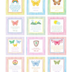 May include: A collection of twelve square cards with colorful striped backgrounds and decorative borders. Each card features a different illustration, including butterflies, rainbows, and a shield, along with inspirational quotes and Bible verses.