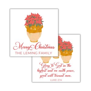 May include: Christmas cards featuring a watercolor illustration of a poinsettia arrangement in a decorative vase. The cards have the text "Merry Christmas" and "The Leming Family" in red script. A second card has the text "Glory to God..." and "Luke 2:14."