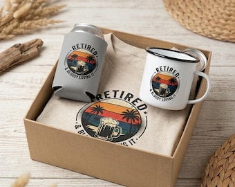 Retired Aussie T-Shirt, Enamel Mug, Can Cooler Set – Camping Gift