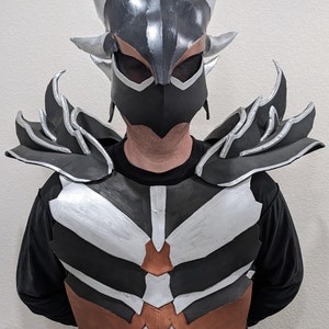 May include: A black, silver, and copper-colored costume featuring a horned helmet, shoulder armor, and chest plate. The helmet has a black face mask and silver horns. The chest plate has a geometric design.