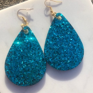 Turquoise Earrings, Dangle Earrings, Drop Earrings, Teardrop Earrings in Turquoise Glitter-Large