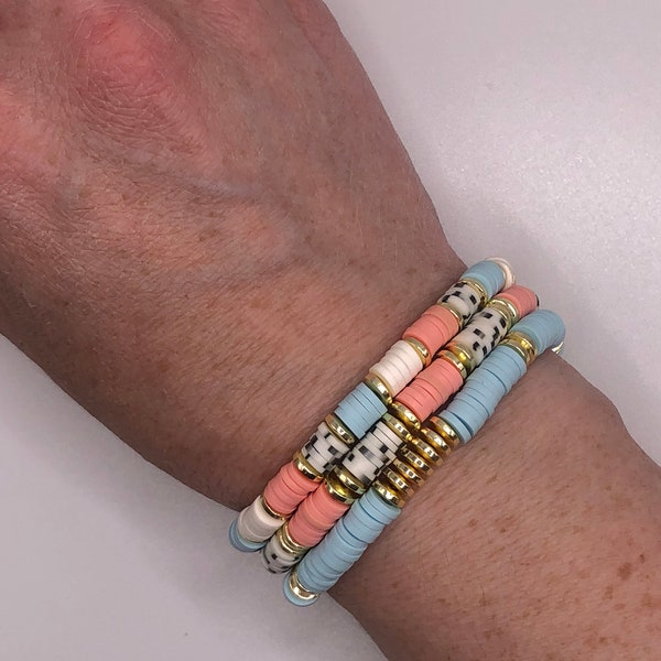 Polymer Clay Bangle-Blue, Pink, Speckled, and Gold Heishi Bracelet Stack, Heishi Bead Bracelet, Pastel Bracelet Stack, Disc Bead Bracelet