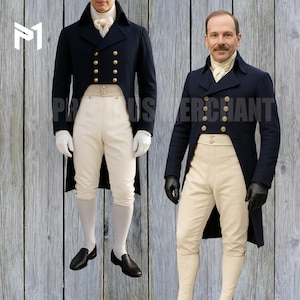 Può includere: Due uomini in abiti storici. Ognuno indossa un cappotto blu navy con bottoni dorati, calzoni color crema e scarpe nere. Uno ha guanti bianchi, l'altro neri. Gli abiti ricordano l'epoca della Reggenza.