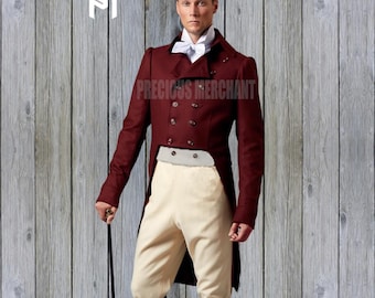 Men’s Maroon Wool Tailcoat with Breeches – Regency Military Pride Costume | Custom Nordic-Inspired 18th Century Formal Jacket