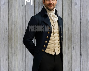 Men’s Navy Wool Regency Tailcoat with Cream Waistcoat – 19th Century Historical Jacket (Custom Made)