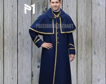 Blue Wool Cape Coat Gothic Victorian Inverness Cloak Gold Trim