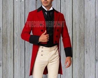 Men's Red Regency Tailcoat – 18th Century Victorian Costume Jacket, Custom Formal Outfit for Historical Reenactments & Halloween Events