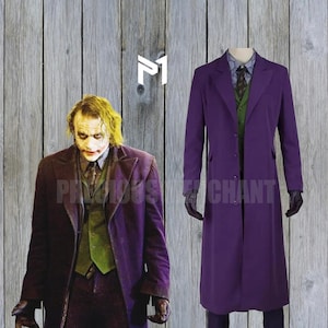 Custom Dark Knight Joker Long Coat - Men&#39;s Long Purple Wool Overcoat - Joker Cosplay Costume Jacket - Tailored Villain Trench Coat