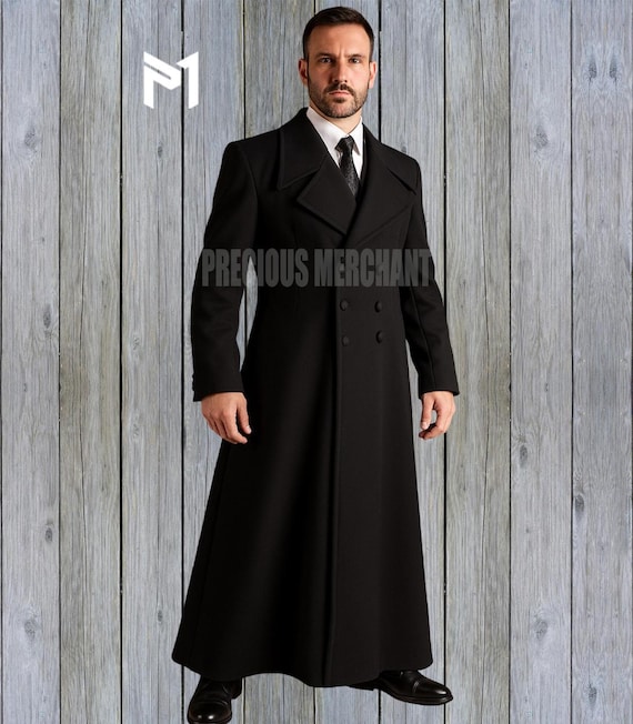 Men's Gothic Overcoat Black Wool Trench Coat Victorian Double