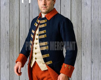 Men’s Napoleonic Wool Frock Coat: Blue & Red British Officer Jacket - French Infantry Historical Uniform