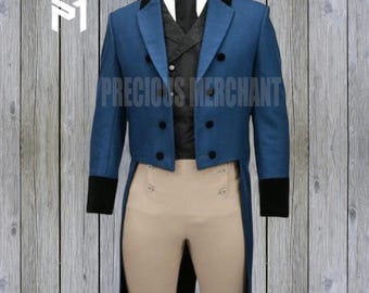 Men’s Blue Wool Regency Tailcoat with Breeches – Military Tailcoat Jacket for Historical Cosplay & Reenactments