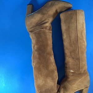 May include: A pair of knee-high brown suede boots with block heels. The boots have a pointed toe and a gold-colored zipper detail around the ankle. The heels are approximately 3 inches high.