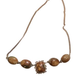 Vintage Style Jasper Stone Necklace W/ Silver-Tone Chain & Lobster Clasp