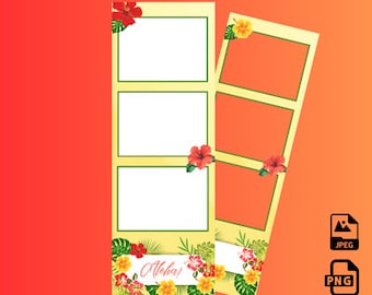 May include: Two photo booth templates with a tropical theme. The templates have a yellow background with red and yellow hibiscus flowers and green leaves. The text "Aloha!" is written on the bottom of the template. The text "Are you having a Luau?" is written at the top.