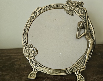 Vintage brass Art Nouveau lady mirror frame
