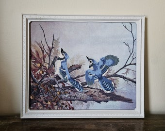 Vintage framed Blue Jay birds  crewel