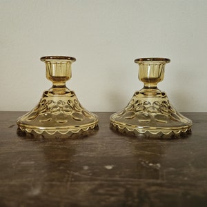 Pair of vintage Hazel Atlas glass Eldorado amber candle holders