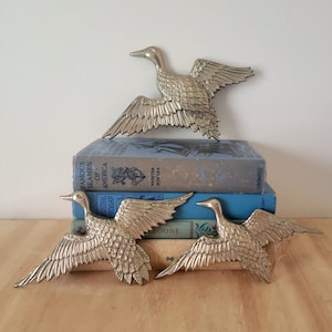 Vintage Solid Brass Trio of Flying Ducks | Hanging Wall Art