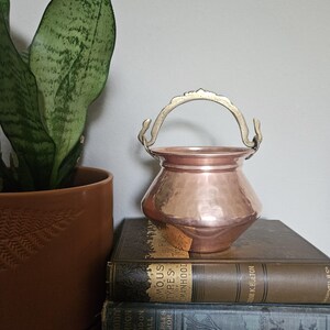 May include: A copper-colored, small, handled pot with a decorative handle, sitting atop a stack of vintage books. A green plant in a terracotta pot is visible in the background. The pot has a shiny, reflective surface.
