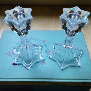 Vintage Clear Crystal Candle Holders Elegant Star Pattern 4&quot; Tall