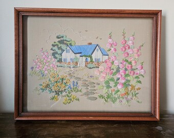 Vintage cottage and flowers crewel framed embroidery