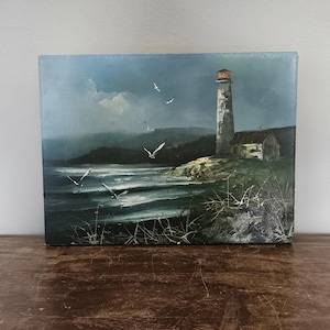 Vintage coastal lighthouse oil painting unframed