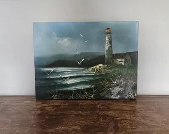 Vintage coastal lighthouse oil painting unframed