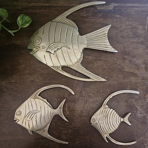 Vintage set of 3 solid brass fish wall hanging decor