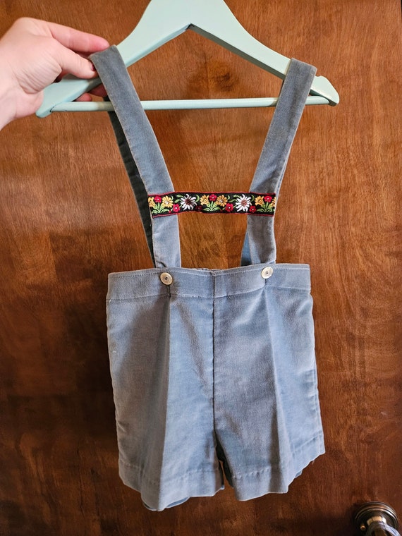 Vintage toddler blue velvet shorts overalls - image 1