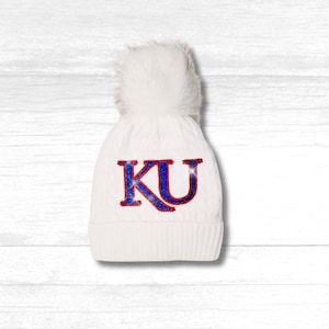 KU Game Day Beanie Luxe Crystal | White Jayhawks Beanie Winter Hat | KU Rhinestone Hat | Kansas Spiritwear | KU Jayhawks Bling Beanie