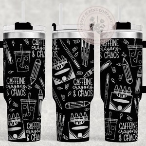 May include: A black and white stainless steel tumbler with a handle. The tumbler has a design of coffee cups, pencils, crayons, and paper clips. The text "Caffeine, Crayons, & Chaos" is repeated on the tumbler.