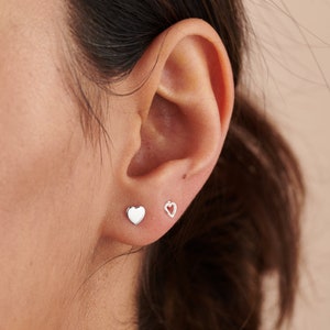 Bundle Sterling Silver Heart and Open Heart Stud Earrings, Collection Mini Silver Studs, Set Silver Tiny Heart Studs