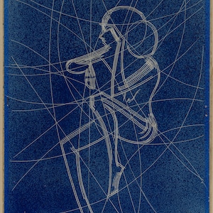 May include: Abstract art print featuring a white line drawing of a figure on a deep blue background. The figure is composed of continuous lines, with curved and straight segments. The background has a textured appearance, and the artwork is framed.