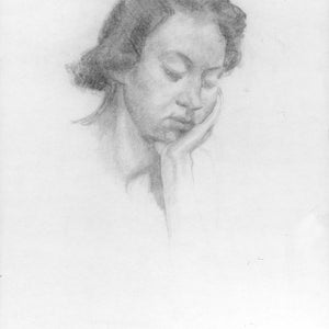 Könnte beinhalten: Eine Schwarzweiß-Bleistiftzeichnung einer Frau, die den Kopf auf die Hand gelegt hat und nach unten schaut.