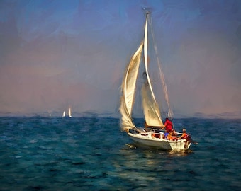 Sloop Sailboat Seascape Print, Coastal Lake Michigan Art