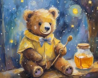 Teddy Bear Moon Stars Nursery Art Print, Kids Room Decor
