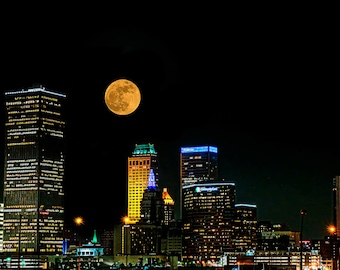 Tulsa Skyline, Tulsa Oklahoma Art, Tulsa Nightscape, Tulsa Night Skyline, Tulsa Moon, Tulsa Wall Art