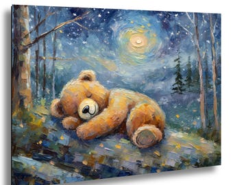 Teddy Bear Moon Stars Nursery Art, Kids Room Decor