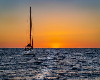 Sunset Sailboat Seascape Art Print, Ocean Canvas Wall Art